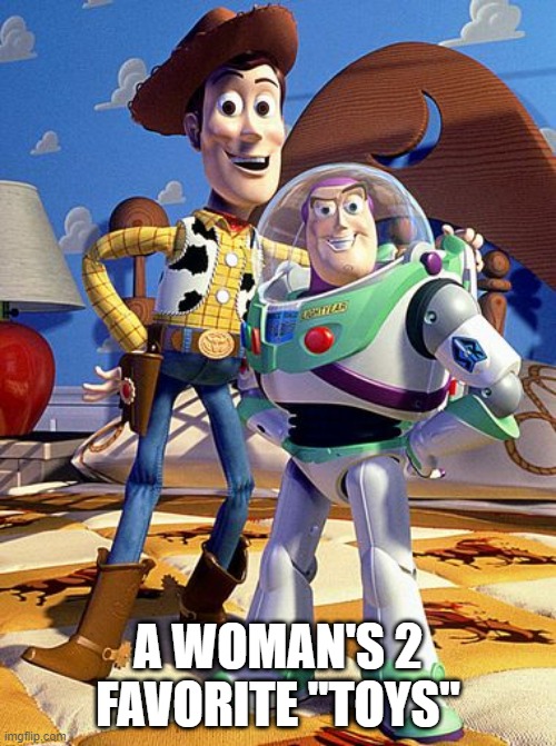 Play Time | A WOMAN'S 2 FAVORITE "TOYS" | image tagged in woody and buzz | made w/ Imgflip meme maker