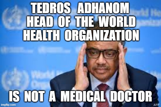 TEDROS   ADHANOM  HEAD  OF  THE  WORLD  HEALTH  ORGANIZATION; IS  NOT  A  MEDICAL  DOCTOR | image tagged in who,tedros adhanom,incompetant | made w/ Imgflip meme maker