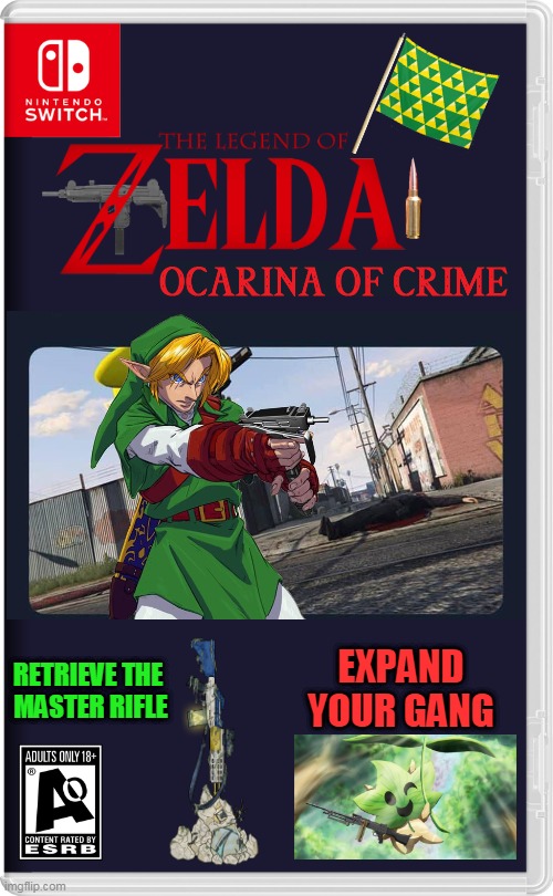 OCARINA OF CRIME | EXPAND YOUR GANG; RETRIEVE THE 
MASTER RIFLE | image tagged in nintendo switch,legend of zelda,ocarina of time,guns,link,fake switch games | made w/ Imgflip meme maker