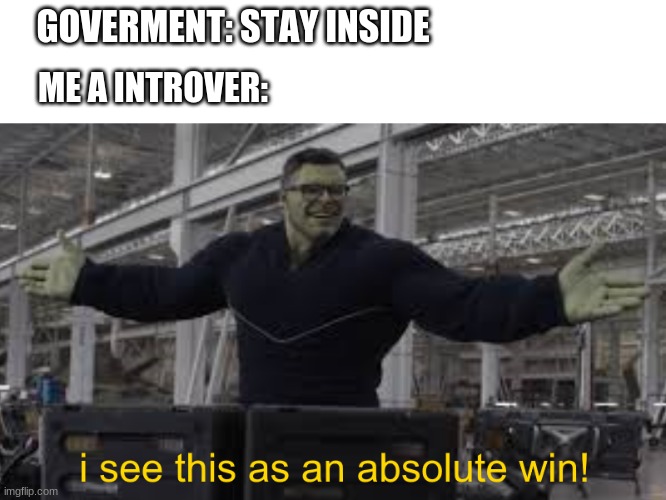 Endgame Hulk: I see this as an absolute win! | GOVERMENT: STAY INSIDE; ME A INTROVER: | image tagged in endgame hulk i see this as an absolute win | made w/ Imgflip meme maker