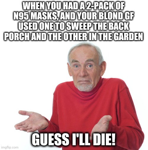 Guess i’ll die | WHEN YOU HAD A 2-PACK OF N95 MASKS, AND YOUR BLOND GF USED ONE TO SWEEP THE BACK PORCH AND THE OTHER IN THE GARDEN; GUESS I'LL DIE! | image tagged in guess i'll die,face masks,n95,dumb blonde | made w/ Imgflip meme maker