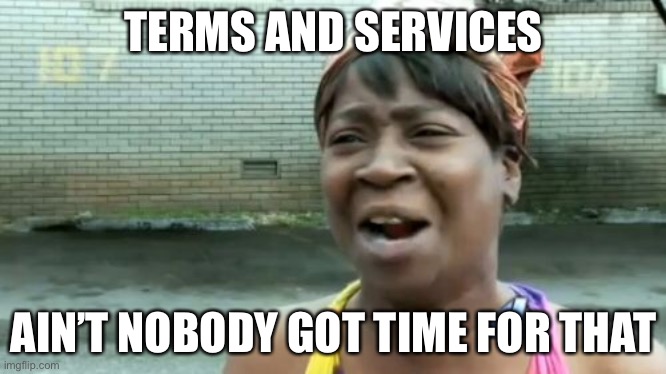Ain't Nobody Got Time For That Meme | TERMS AND SERVICES; AIN’T NOBODY GOT TIME FOR THAT | image tagged in memes,aint nobody got time for that | made w/ Imgflip meme maker