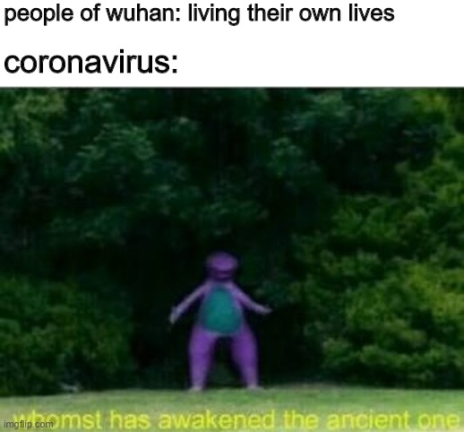 Whomst has awakened the ancient one | people of wuhan: living their own lives; coronavirus: | image tagged in whomst has awakened the ancient one | made w/ Imgflip meme maker