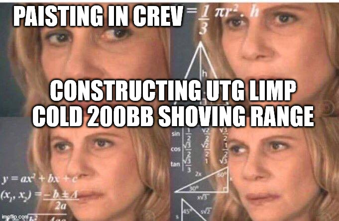 Math lady/Confused lady | PAISTING IN CREV; CONSTRUCTING UTG LIMP COLD 200BB SHOVING RANGE | image tagged in math lady/confused lady | made w/ Imgflip meme maker