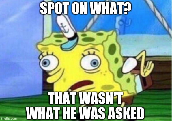 Mocking Spongebob Meme | SPOT ON WHAT? THAT WASN'T WHAT HE WAS ASKED | image tagged in memes,mocking spongebob | made w/ Imgflip meme maker