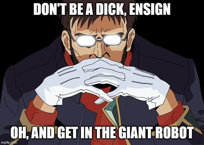 Get In The Robot Shinji | DON'T BE A DICK, ENSIGN; OH, AND GET IN THE GIANT ROBOT | image tagged in get in the robot shinji | made w/ Imgflip meme maker