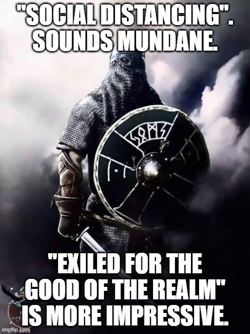 Viking Warrior | "SOCIAL DISTANCING". SOUNDS MUNDANE. "EXILED FOR THE GOOD OF THE REALM" IS MORE IMPRESSIVE. | image tagged in viking warrior | made w/ Imgflip meme maker