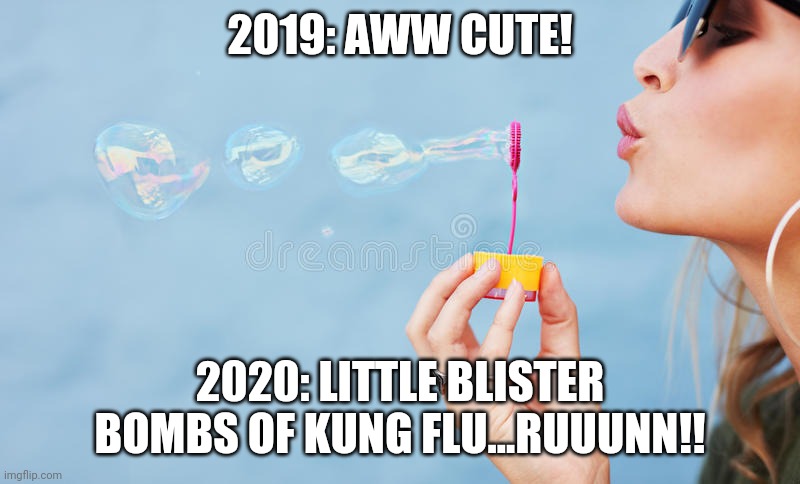 2019: AWW CUTE! 2020: LITTLE BLISTER BOMBS OF KUNG FLU...RUUUNN!! | image tagged in bubbles,coronavirus | made w/ Imgflip meme maker