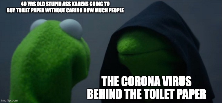 Evil Kermit | 4O YRS OLD STUPID ASS KARENS GOING TO BUY TOILET PAPER WITHOUT CARING HOW MUCH PEOPLE; THE CORONA VIRUS BEHIND THE TOILET PAPER | image tagged in memes,evil kermit | made w/ Imgflip meme maker