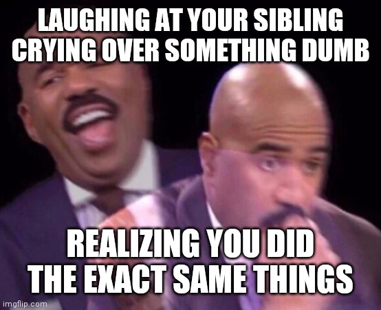 Steve Harvey Laughing Serious | LAUGHING AT YOUR SIBLING CRYING OVER SOMETHING DUMB; REALIZING YOU DID THE EXACT SAME THINGS | image tagged in steve harvey laughing serious,memes,siblings,funny,funny memes | made w/ Imgflip meme maker