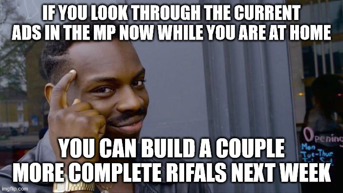 Roll Safe Think About It Meme | IF YOU LOOK THROUGH THE CURRENT ADS IN THE MP NOW WHILE YOU ARE AT HOME; YOU CAN BUILD A COUPLE MORE COMPLETE RIFALS NEXT WEEK | image tagged in memes,roll safe think about it | made w/ Imgflip meme maker