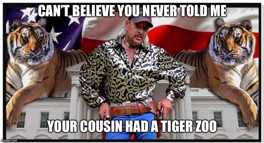 Joe Exotic | CAN’T BELIEVE YOU NEVER TOLD ME; YOUR COUSIN HAD A TIGER ZOO | image tagged in joe exotic | made w/ Imgflip meme maker