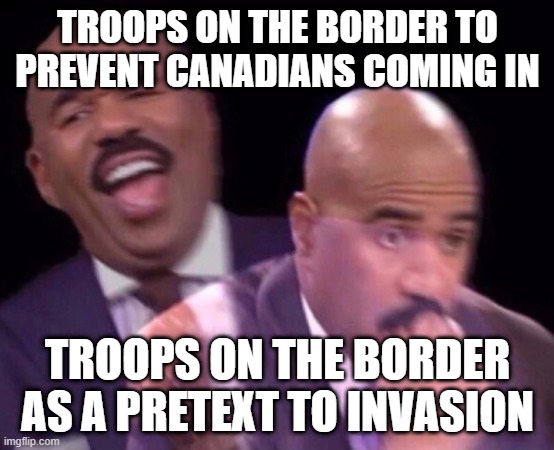 big history brain time | TROOPS ON THE BORDER TO PREVENT CANADIANS COMING IN; TROOPS ON THE BORDER AS A PRETEXT TO INVASION | image tagged in steve harvey laughing serious | made w/ Imgflip meme maker