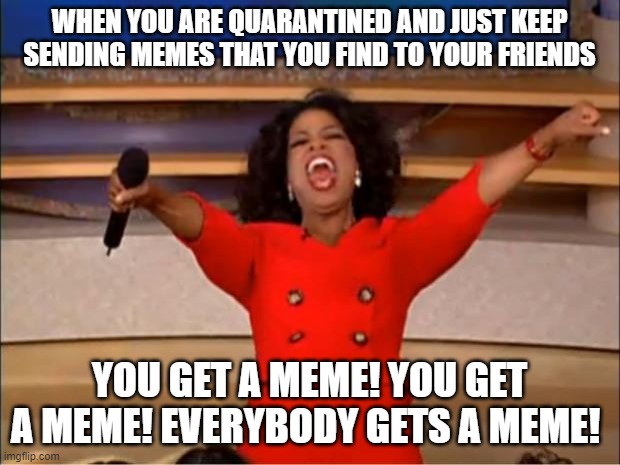 Oprah You Get A Meme | WHEN YOU ARE QUARANTINED AND JUST KEEP SENDING MEMES THAT YOU FIND TO YOUR FRIENDS; YOU GET A MEME! YOU GET A MEME! EVERYBODY GETS A MEME! | image tagged in memes,oprah you get a | made w/ Imgflip meme maker