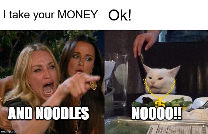 Woman Yelling At Cat | I take your MONEY; Ok! AND NOODLES; NOOOO!! | image tagged in memes,woman yelling at cat | made w/ Imgflip meme maker