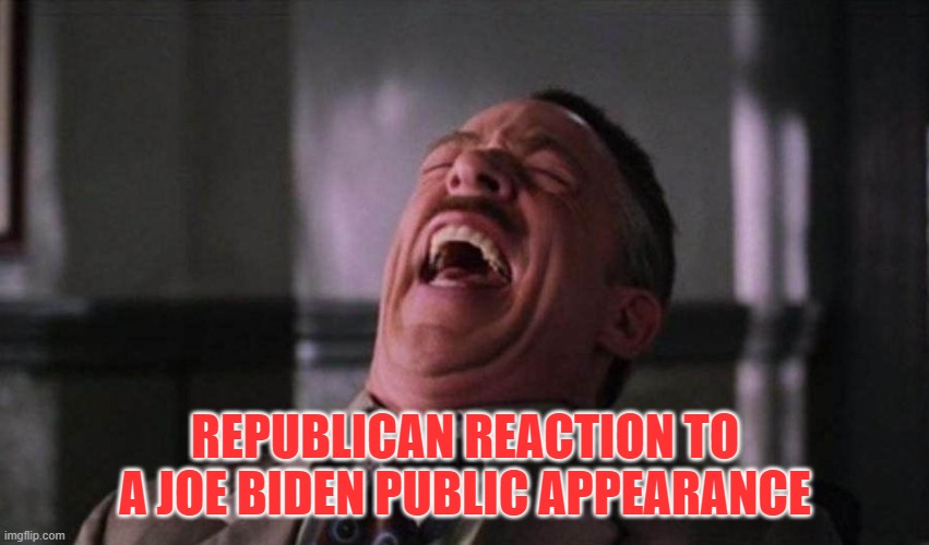 Spiderman Laugh  | REPUBLICAN REACTION TO A JOE BIDEN PUBLIC APPEARANCE | image tagged in spiderman laugh | made w/ Imgflip meme maker