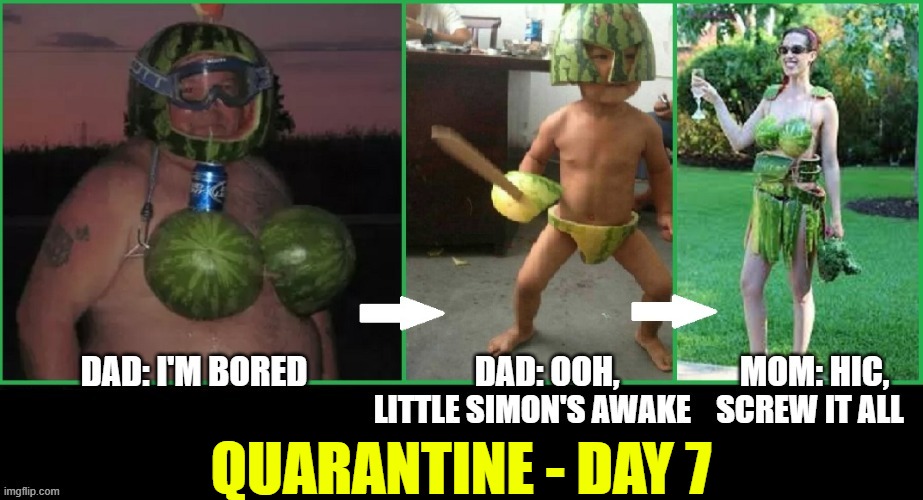 Quarantined Watermelon Family | QUARANTINE - DAY 7 | image tagged in quarantine,family,watermelon clothes | made w/ Imgflip meme maker