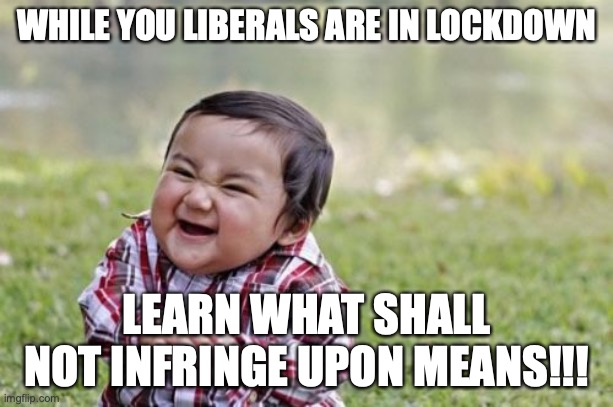 Evil Toddler | WHILE YOU LIBERALS ARE IN LOCKDOWN; LEARN WHAT SHALL NOT INFRINGE UPON MEANS!!! | image tagged in memes,evil toddler | made w/ Imgflip meme maker