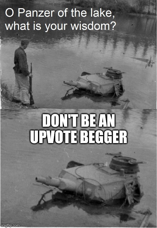 o panzer of the lake |  DON'T BE AN UPVOTE BEGGER | image tagged in o panzer of the lake,upvote begging,memes | made w/ Imgflip meme maker
