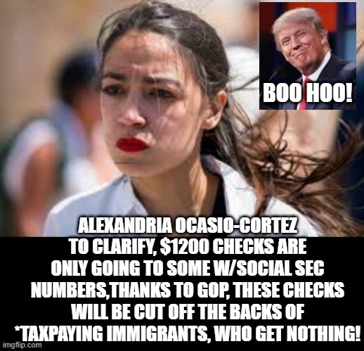 Alexandria Ocasio-Cortez, 1200 Dollar Checks are only going to People With Social Security Numbers. | BOO HOO! ALEXANDRIA OCASIO-CORTEZ TO CLARIFY, $1200 CHECKS ARE ONLY GOING TO SOME W/SOCIAL SEC NUMBERS,THANKS TO GOP, THESE CHECKS WILL BE CUT OFF THE BACKS OF *TAXPAYING IMMIGRANTS, WHO GET NOTHING! | image tagged in aoc,stupid liberals,democrats | made w/ Imgflip meme maker