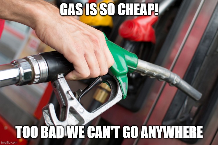 Gas Pump | GAS IS SO CHEAP! TOO BAD WE CAN'T GO ANYWHERE | image tagged in gas pump | made w/ Imgflip meme maker
