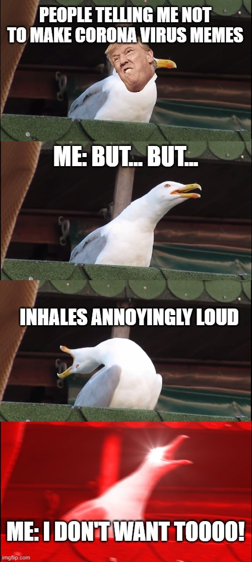 Inhaling Seagull | PEOPLE TELLING ME NOT TO MAKE CORONA VIRUS MEMES; ME: BUT... BUT... INHALES ANNOYINGLY LOUD; ME: I DON'T WANT TOOOO! | image tagged in memes,inhaling seagull | made w/ Imgflip meme maker