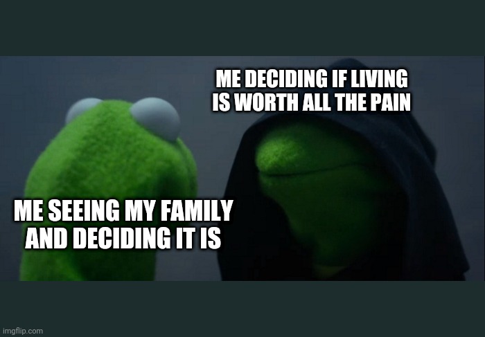 Evil Kermit Meme | ME DECIDING IF LIVING IS WORTH ALL THE PAIN; ME SEEING MY FAMILY AND DECIDING IT IS | image tagged in memes,evil kermit | made w/ Imgflip meme maker