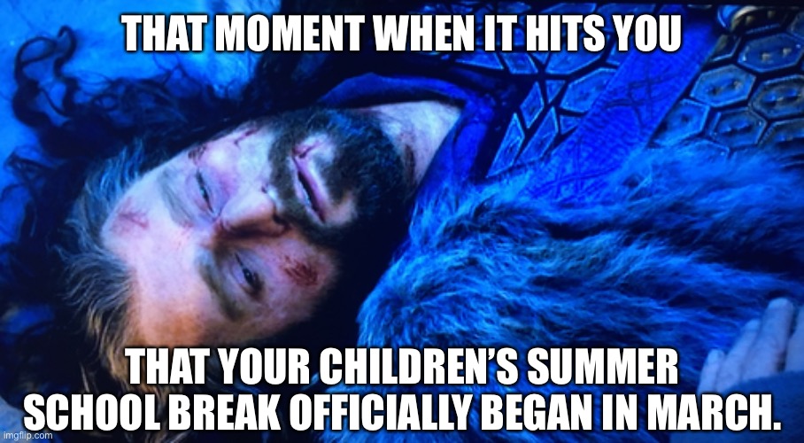 Thorin Summer Break | THAT MOMENT WHEN IT HITS YOU; THAT YOUR CHILDREN’S SUMMER SCHOOL BREAK OFFICIALLY BEGAN IN MARCH. | image tagged in lotr,covid19,summer vacation,quarantine | made w/ Imgflip meme maker