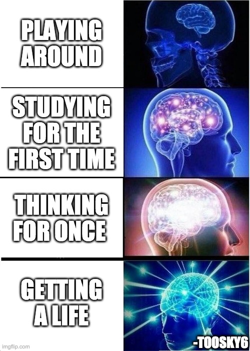 Expanding Brain Meme | PLAYING AROUND; STUDYING FOR THE FIRST TIME; THINKING FOR ONCE; GETTING A LIFE; -TOOSKY6 | image tagged in memes,expanding brain | made w/ Imgflip meme maker