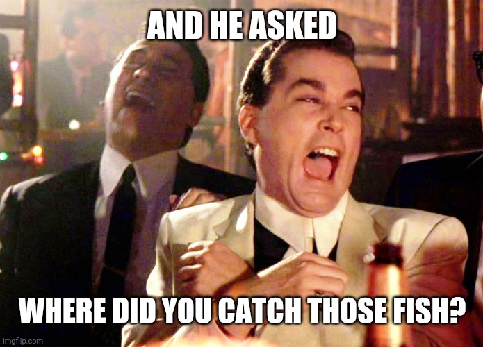 Good Fellas Hilarious | AND HE ASKED; WHERE DID YOU CATCH THOSE FISH? | image tagged in memes,good fellas hilarious | made w/ Imgflip meme maker
