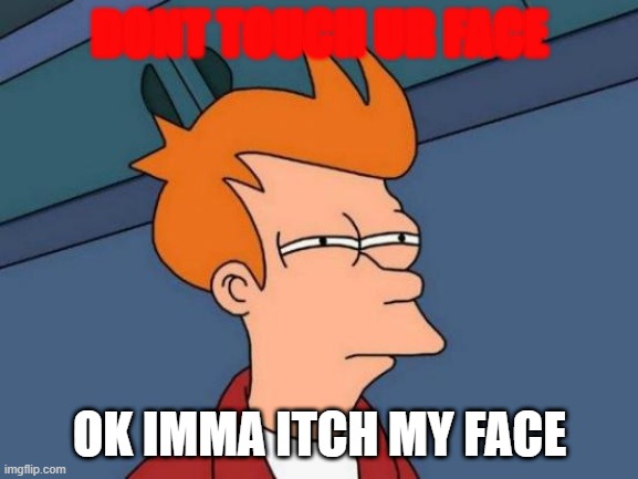 Futurama Fry Meme | DONT TOUCH UR FACE; OK IMMA ITCH MY FACE | image tagged in memes,futurama fry | made w/ Imgflip meme maker