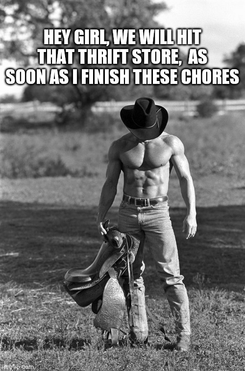 Sexy Cowboy | HEY GIRL, WE WILL HIT THAT THRIFT STORE,  AS SOON AS I FINISH THESE CHORES | image tagged in sexy cowboy | made w/ Imgflip meme maker