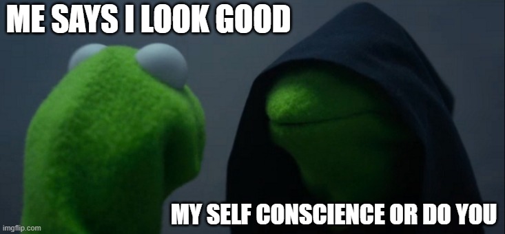 Evil Kermit Meme | ME SAYS I LOOK GOOD; MY SELF CONSCIENCE OR DO YOU | image tagged in memes,evil kermit | made w/ Imgflip meme maker