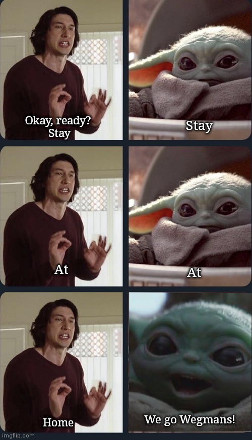 Kylo Ren teaches Baby Yoda to stay home | Okay, ready? 
Stay; Stay; At; At; We go Wegmans! Home | image tagged in kylo ren teacher baby yoda to speak,coronavirus,baby yoda,stay home,quarantine,upvote | made w/ Imgflip meme maker