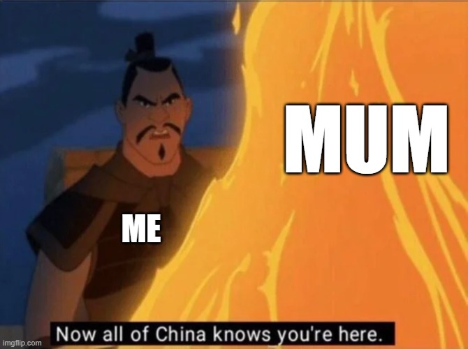 Now all of China knows you're here | MUM; ME | image tagged in now all of china knows you're here | made w/ Imgflip meme maker