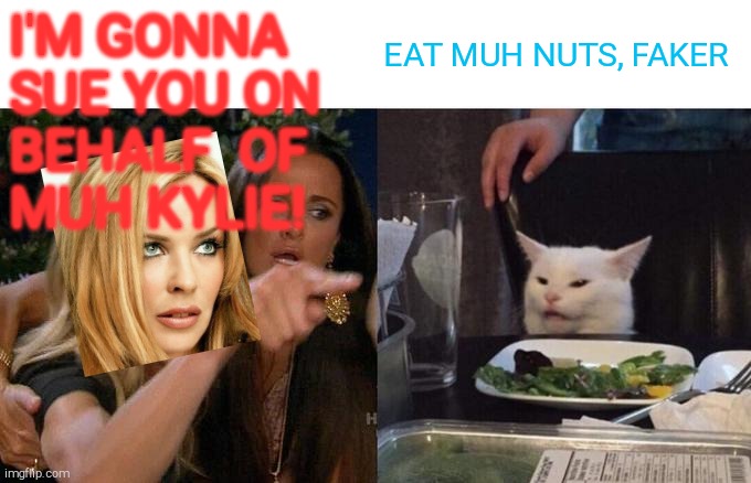 Woman Yelling At Cat Meme | I'M GONNA SUE YOU ON BEHALF  OF MUH KYLIE! EAT MUH NUTS, FAKER | image tagged in memes,woman yelling at cat | made w/ Imgflip meme maker