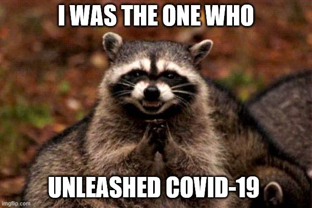 Evil Plotting Raccoon Meme | I WAS THE ONE WHO; UNLEASHED COVID-19 | image tagged in memes,evil plotting raccoon | made w/ Imgflip meme maker