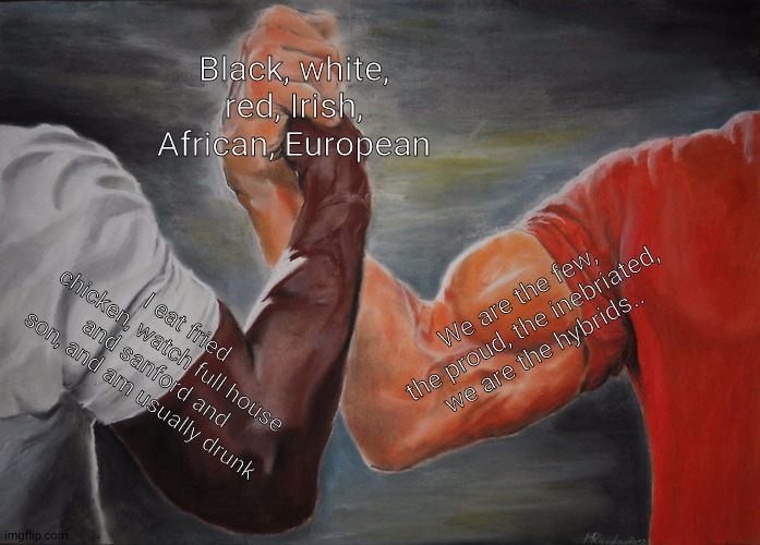 Epic Handshake | Black, white, red, Irish, African, European; We are the few, the proud, the inebriated, we are the hybrids.. I eat fried chicken, watch full house and sanford and son, and am usually drunk | image tagged in memes,epic handshake | made w/ Imgflip meme maker