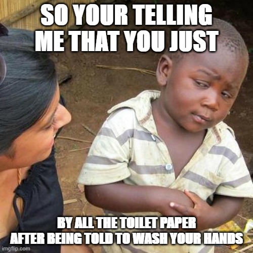 Third World Skeptical Kid | SO YOUR TELLING ME THAT YOU JUST; BY ALL THE TOILET PAPER AFTER BEING TOLD TO WASH YOUR HANDS | image tagged in memes,third world skeptical kid | made w/ Imgflip meme maker
