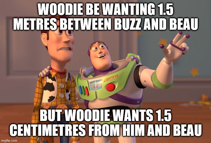 X, X Everywhere | WOODIE BE WANTING 1.5 METRES BETWEEN BUZZ AND BEAU; BUT WOODIE WANTS 1.5 CENTIMETRES FROM HIM AND BEAU | image tagged in memes,x x everywhere | made w/ Imgflip meme maker