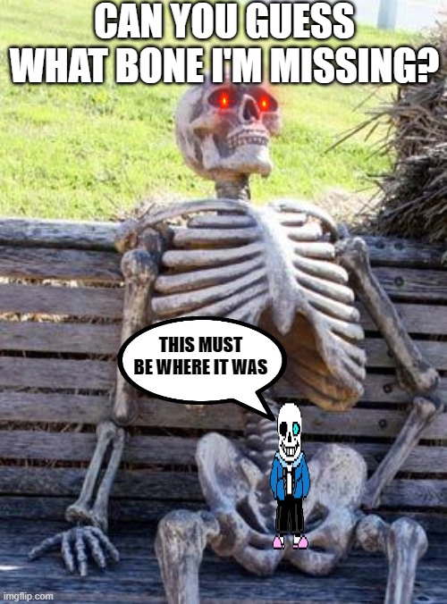 Waiting Skeleton Meme | CAN YOU GUESS WHAT BONE I'M MISSING? THIS MUST BE WHERE IT WAS | image tagged in memes,waiting skeleton | made w/ Imgflip meme maker