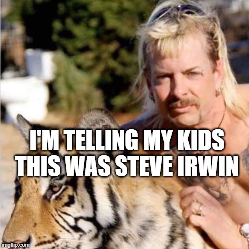 I'm telling my kids this was Steve Irwin | I'M TELLING MY KIDS THIS WAS STEVE IRWIN | image tagged in steve irwin,tiger king,tigerking,netflix | made w/ Imgflip meme maker