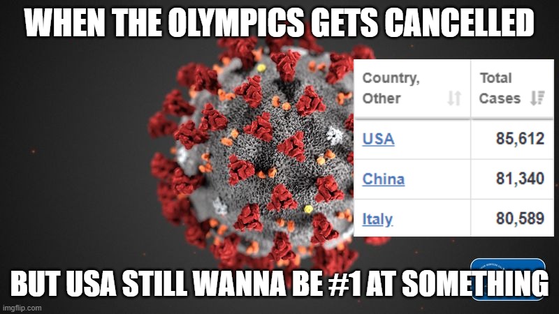 Covid 19 | WHEN THE OLYMPICS GETS CANCELLED; BUT USA STILL WANNA BE #1 AT SOMETHING | image tagged in covid 19 | made w/ Imgflip meme maker