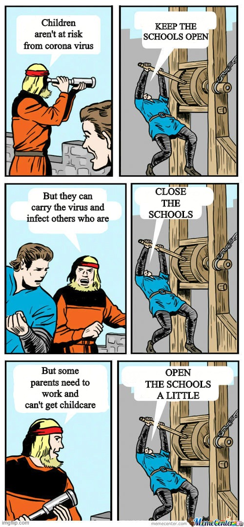Open The Gate | KEEP THE SCHOOLS OPEN; Children aren't at risk from corona virus; CLOSE THE SCHOOLS; But they can carry the virus and infect others who are; OPEN THE SCHOOLS A LITTLE; But some parents need to work and can't get childcare | image tagged in open the gate | made w/ Imgflip meme maker