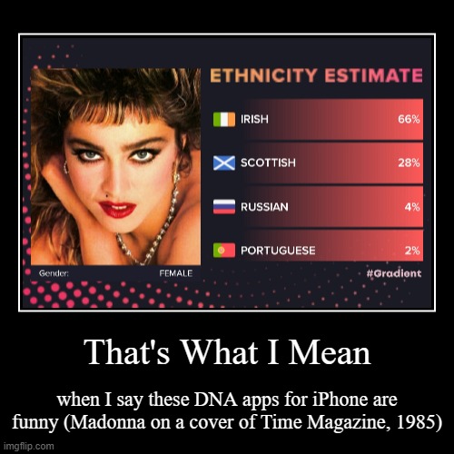 Madonna as Irish | image tagged in funny,demotivationals,irish,dna,madonna,russian | made w/ Imgflip demotivational maker