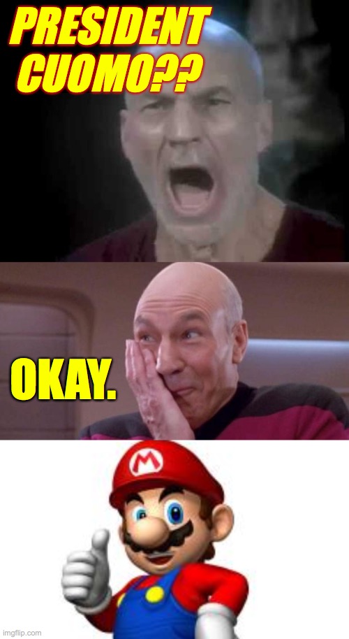 All hail President Cuomo!  ( : | PRESIDENT CUOMO?? OKAY. | image tagged in picard oops,mario thumbs up,picard four lights,president cuomo,leadership you can sort of trust | made w/ Imgflip meme maker