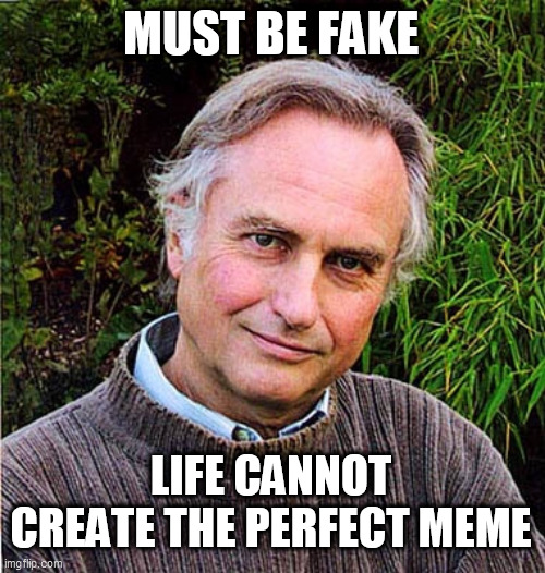 Saved Richard Dawkins | MUST BE FAKE LIFE CANNOT CREATE THE PERFECT MEME | image tagged in saved richard dawkins | made w/ Imgflip meme maker