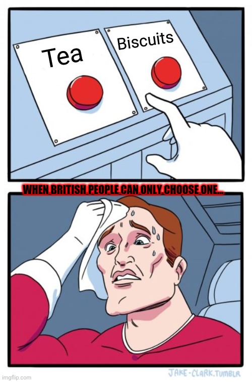 Two Buttons | Biscuits; Tea; WHEN BRITISH PEOPLE CAN ONLY CHOOSE ONE... | image tagged in memes,two buttons | made w/ Imgflip meme maker