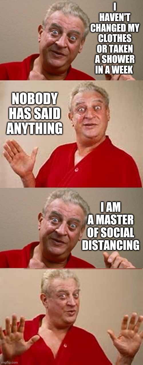 I was informed last Friday that I would be laid off for 2 weeks, possibly longer. |  I HAVEN'T CHANGED MY CLOTHES OR TAKEN A SHOWER IN A WEEK; NOBODY HAS SAID ANYTHING; I AM A MASTER OF SOCIAL DISTANCING | image tagged in bad pun rodney dangerfield,memes,coronavirus,covid-19,covid19,social distancing | made w/ Imgflip meme maker