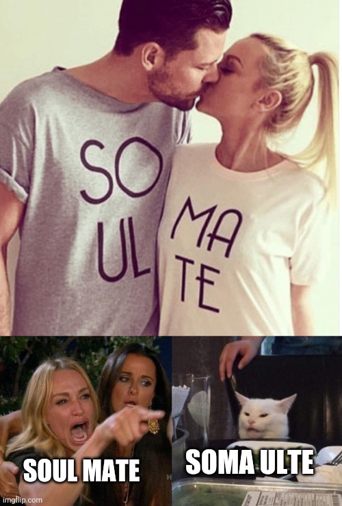 woman yelling at cat memes | SOMA ULTE; SOUL MATE | image tagged in memes,woman yelling at cat,t-shirt,soulmates | made w/ Imgflip meme maker